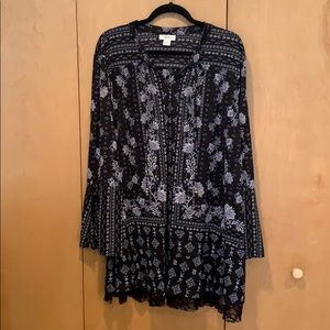 Open Bell Sleeve Patterned Tie Up Tunic